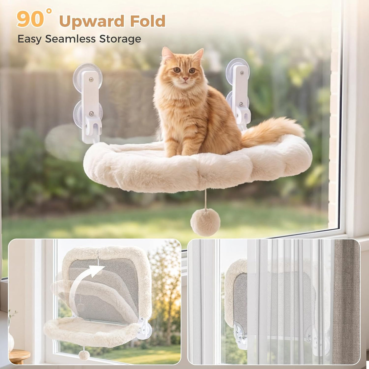 Foldable Cat Window Perch, Cordless Cat Hammock with Metal Frame,Beige