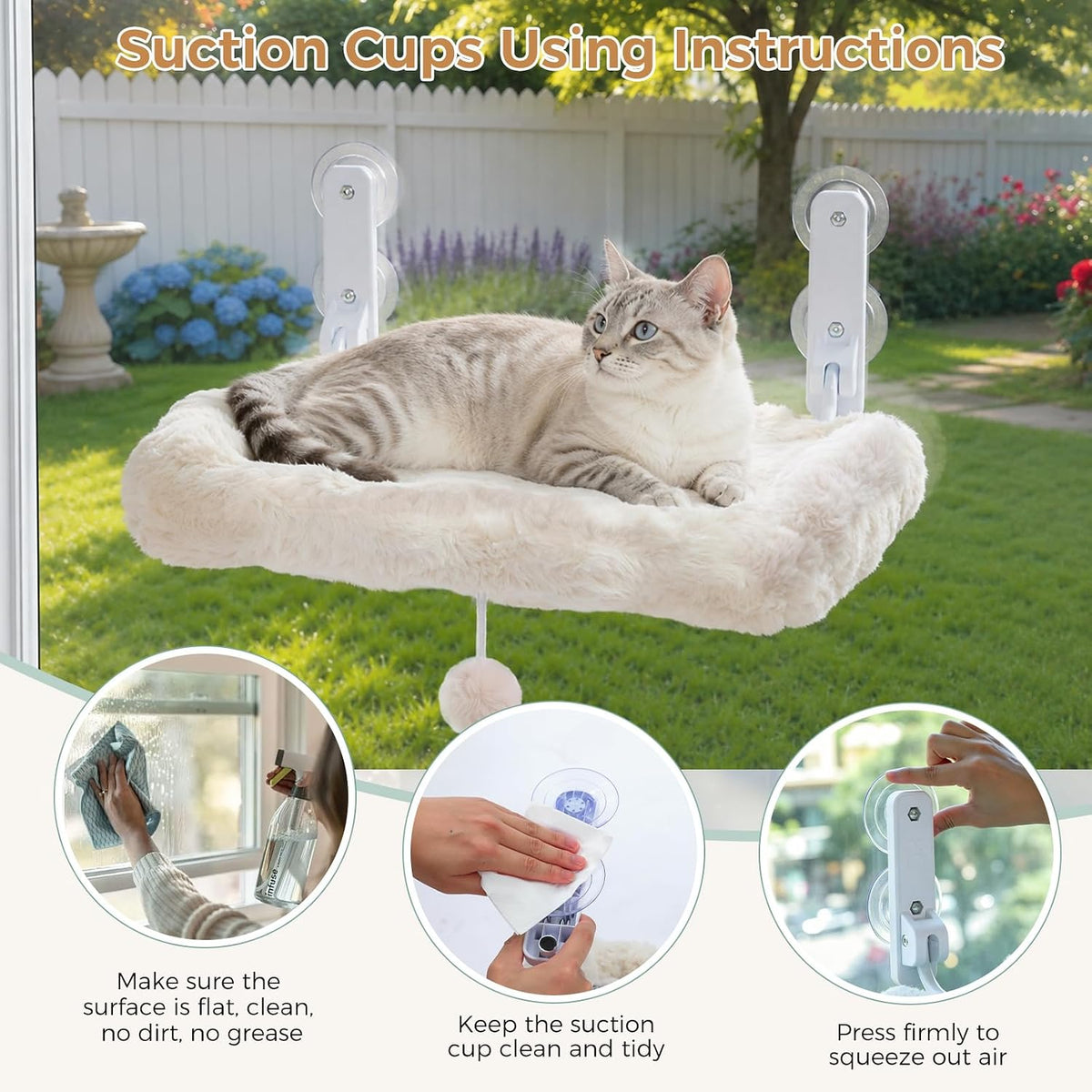 Foldable Cat Window Perch, Cordless Cat Hammock with Metal Frame,Beige