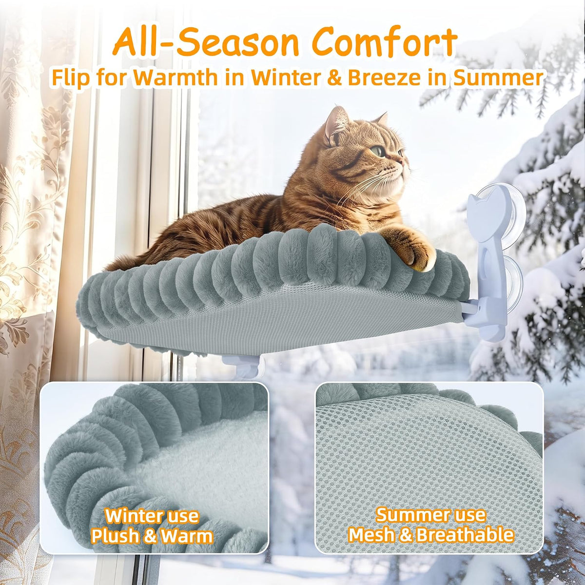 Cat Window Hammock - Gray Cordless Foldable Perch for All Cats