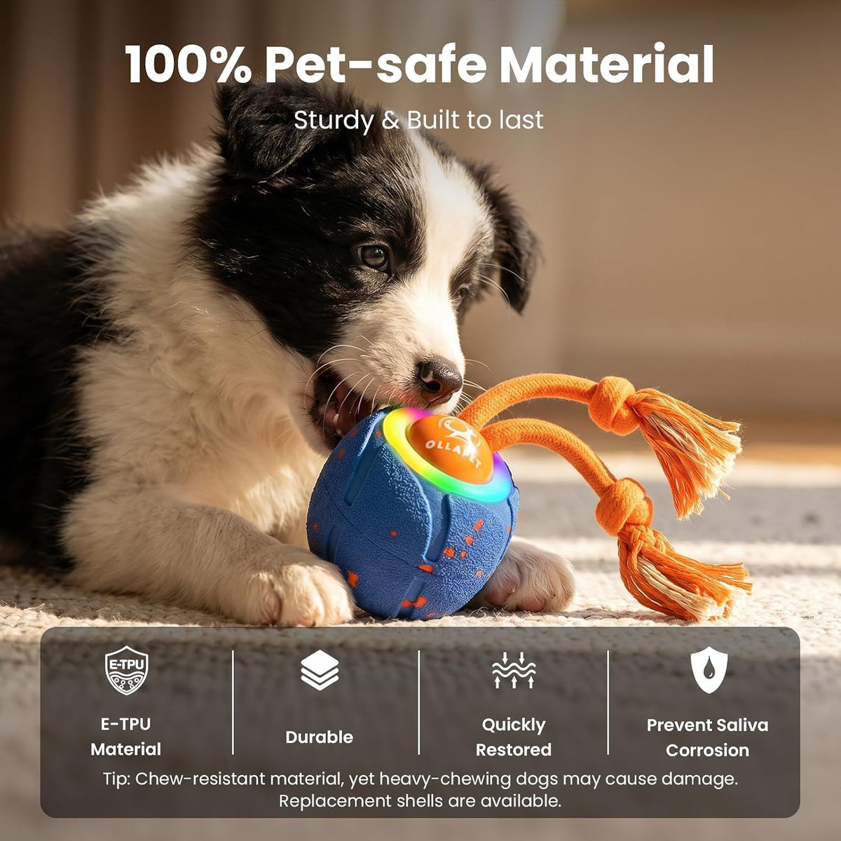 Smart Interactive Dog Toys, 3 Modes Automatic Rolling Ball, Chase Pet Toy with Rope & Barking Sound, Chew Resistant E-TPU, IPX7 Waterproof