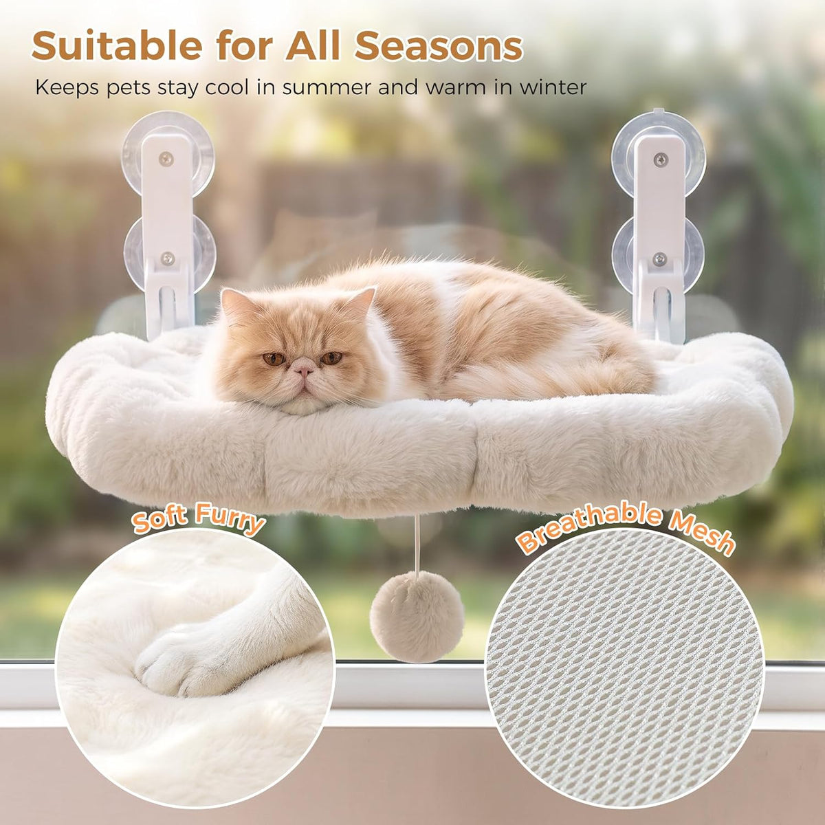 Foldable Cat Window Perch, Cordless Cat Hammock with Metal Frame,Beige