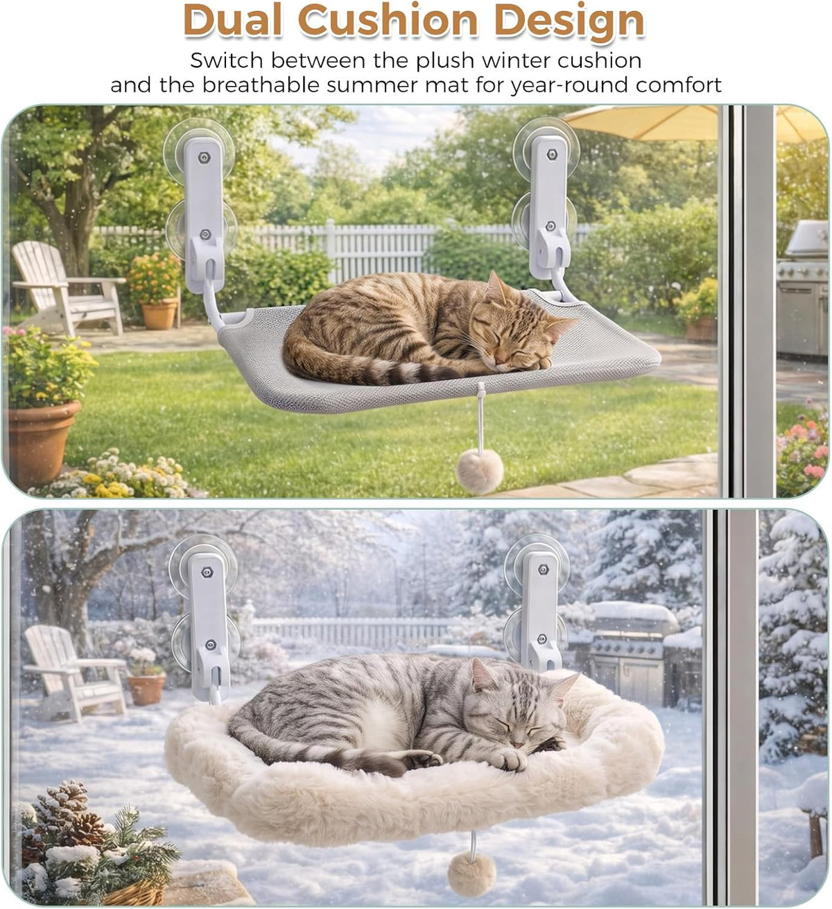 Foldable Cat Window Perch, Cordless Cat Hammock with Metal Frame,Beige