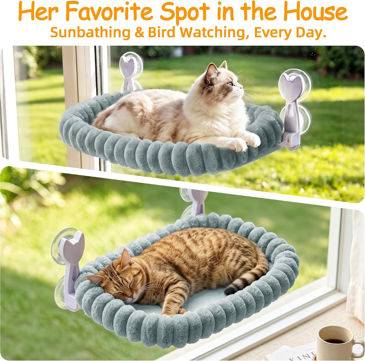 Cat Window Hammock - Gray Cordless Foldable Perch for All Cats