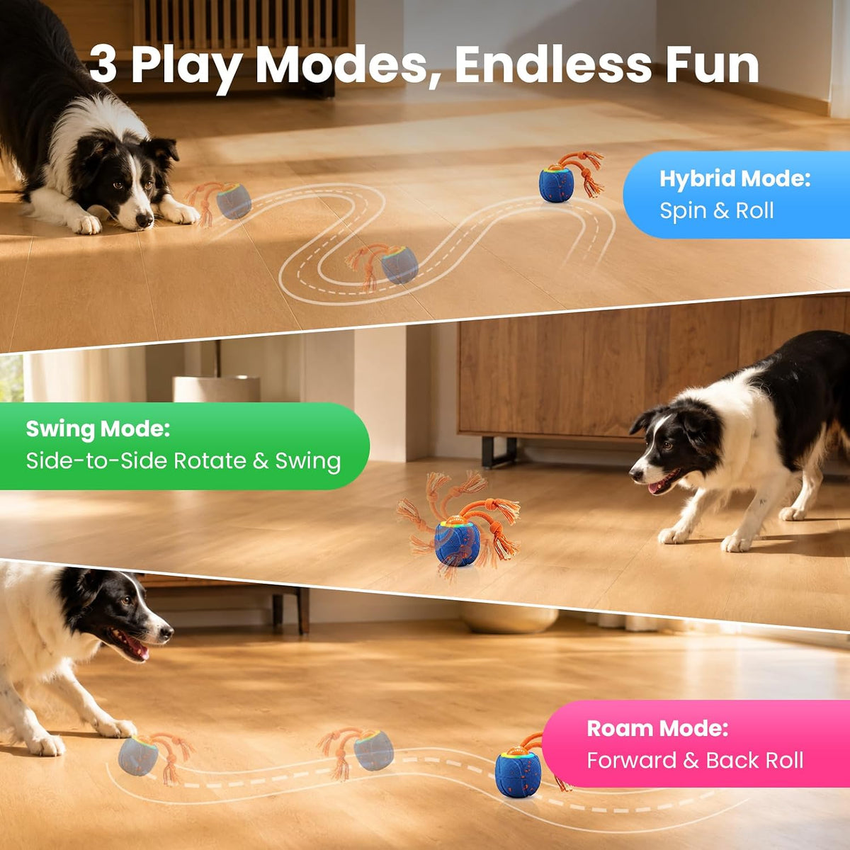 Smart Interactive Dog Toys, 3 Modes Automatic Rolling Ball, Chase Pet Toy with Rope & Barking Sound, Chew Resistant E-TPU, IPX7 Waterproof