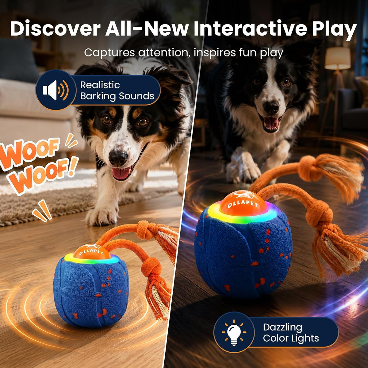 Smart Interactive Dog Toys, 3 Modes Automatic Rolling Ball, Chase Pet Toy with Rope & Barking Sound, Chew Resistant E-TPU, IPX7 Waterproof